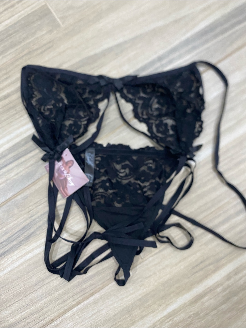 smart & sexy Black Lace Strappy Bralette & Thong Set